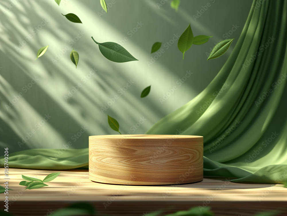 Poster 3d illustration of empty cylinder podium backdrop in green color theme with falling leaves and silk 