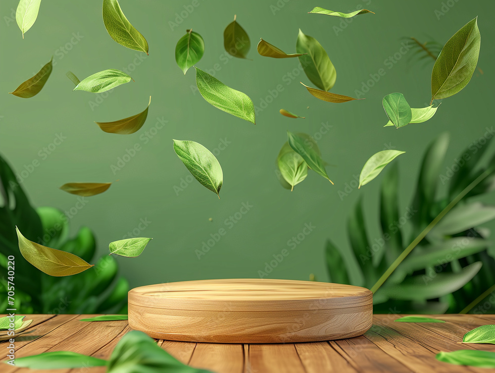 Poster 3d illustration of empty wooden cylinder podium backdrop in green color theme with falling leaves. a