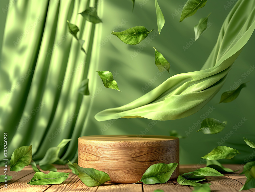 Poster 3d illustration of empty cylinder podium backdrop in green color theme with falling leaves and silk 