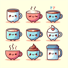 Cute cup cartoon characters vector illustrations set. comic cup with smiley face,