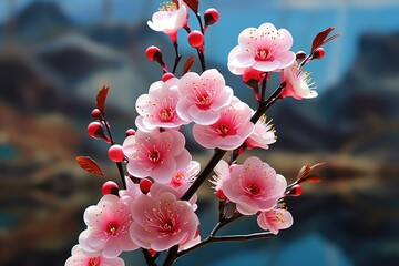 Blossoming Pink Cherry Blossoms Against a Soft Blue Background in Springtime