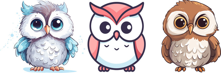 Little cartoon owl, cartoon style illustration with big eyes, on white or transparent background