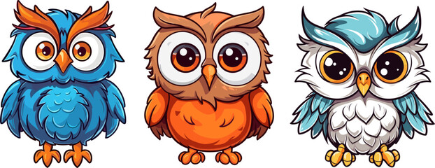 Little cartoon owl, cartoon style illustration with big eyes, on white or transparent background