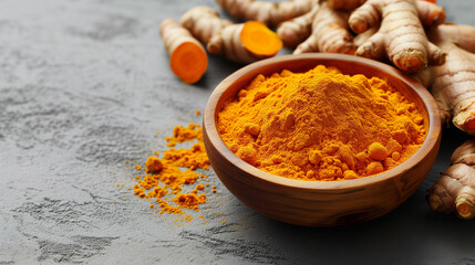Aromatic turmeric powder and raw roots on grey table - obrazy, fototapety, plakaty