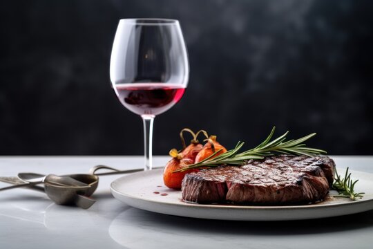  a white plate topped with a piece of steak next to a glass of red wine and a fork and a glass of red wine on the side of red wine.