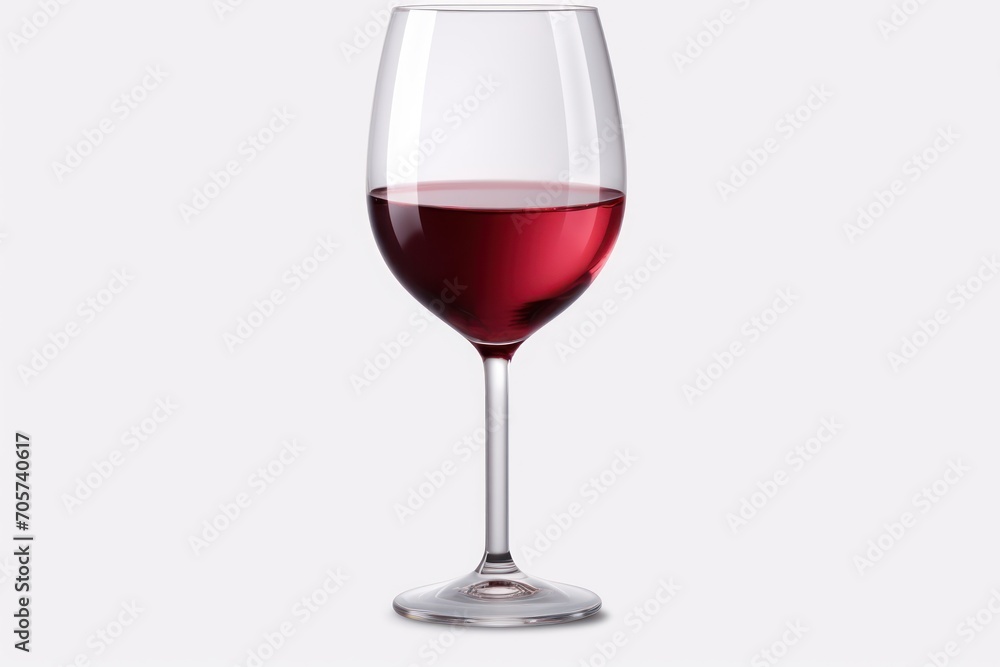 Poster a close up of a wine glass with a red wine in it on a white background with a reflection of the wine
