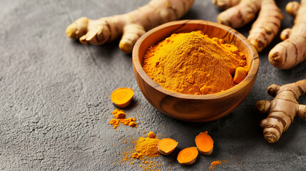Aromatic turmeric powder and raw roots on grey table
