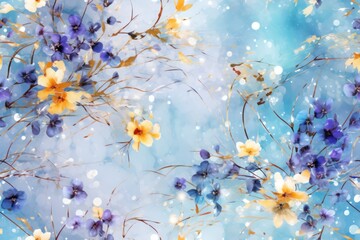  a painting of blue, yellow and white flowers on a blue and white background with bubbles of light coming from the top of the flowers and bottom of the flowers.