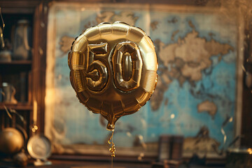 50th birthday gold balloon on the background of the world map ai generated art