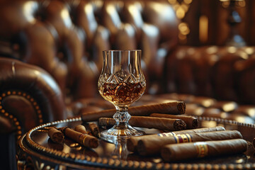 Cigar and glass of cognac on the background of leather sofa
