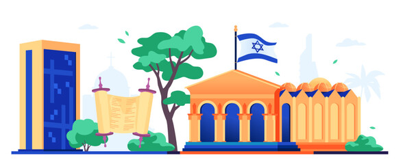 Church of All Nations and Torah - modern colored vector illustration with Basilica of the Agony, Catholic temple in East Jerusalem, scroll with the text and national flag. Cultural heritage idea