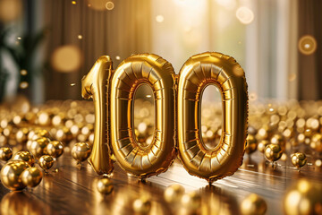 milestone number 100 made by golden balloons ai generated art - obrazy, fototapety, plakaty