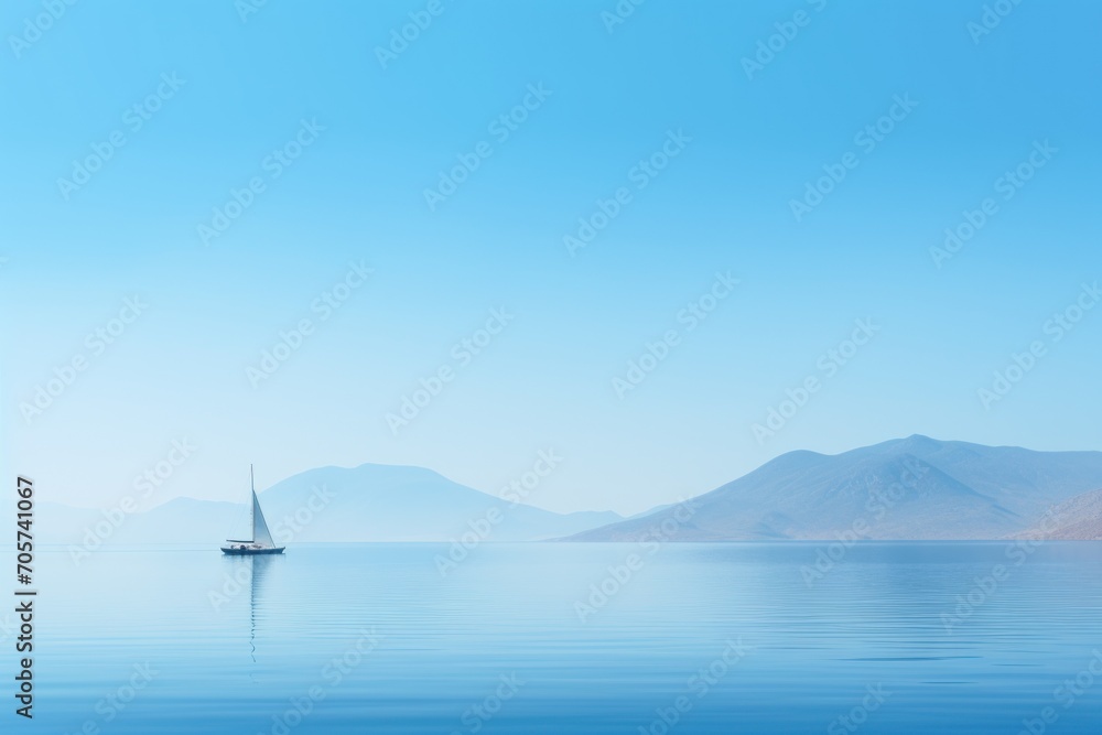 Poster a sailboat floating in the middle of a large body of water with mountains in the backgrouund and a b