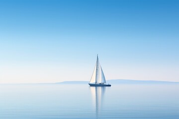  a sailboat floating in the middle of the ocean on a clear day with a blue sky and some mountains in the backgrouund of the water in the distance.