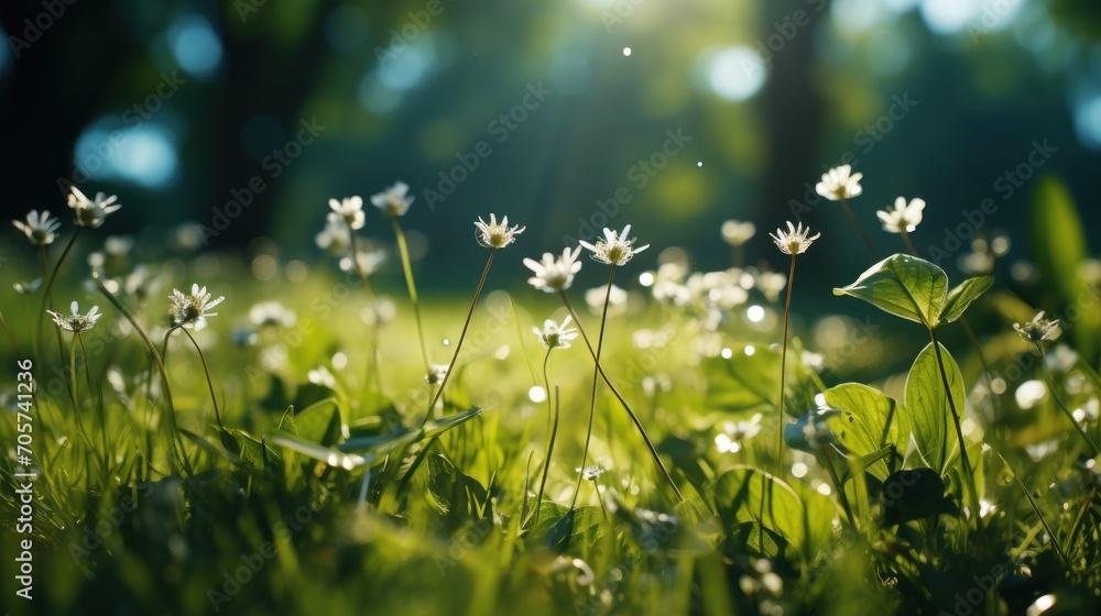 Poster a close up of a field of grass with daisies in the foreground and the sun shining through the trees 