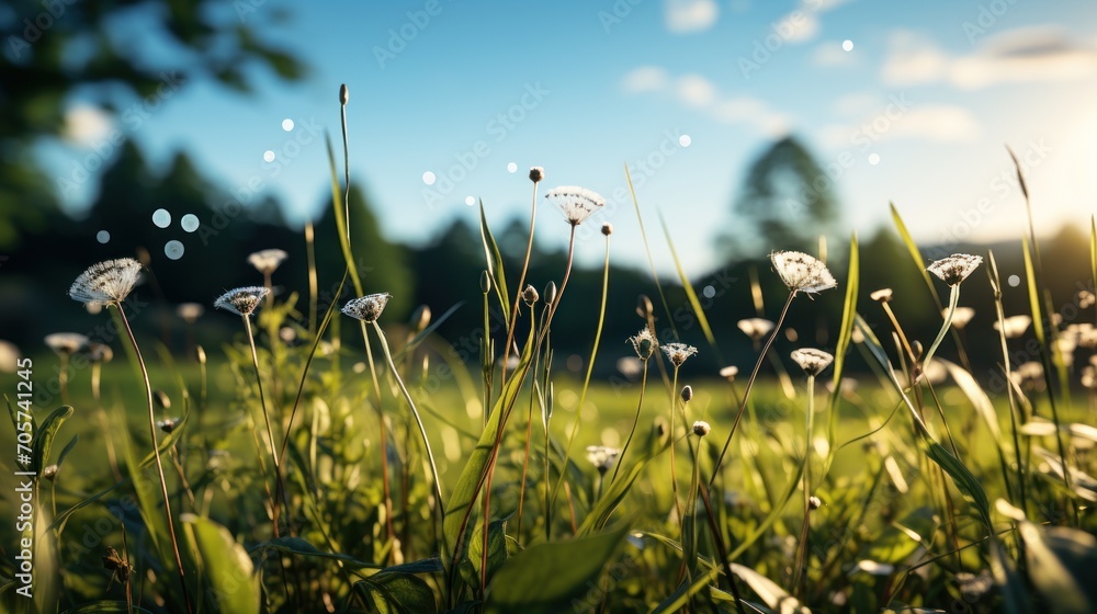 Poster a field of grass with dandelions in the foreground and a blue sky with clouds in the background with
