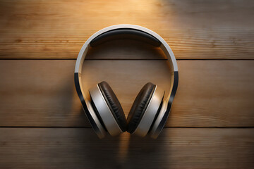 Modern wireless headphones lie on the wooden surface.Top view.