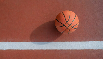 Basketball ball is sitting in the red rubber court vertical white line outdoors, top view. copy space.image for sport, exercise concept.High quality image.
