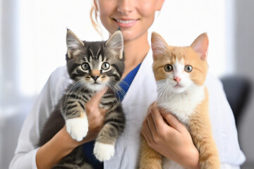 A Veterinarian woman holds cute cats. young kittens at doctors office,blurred white background.