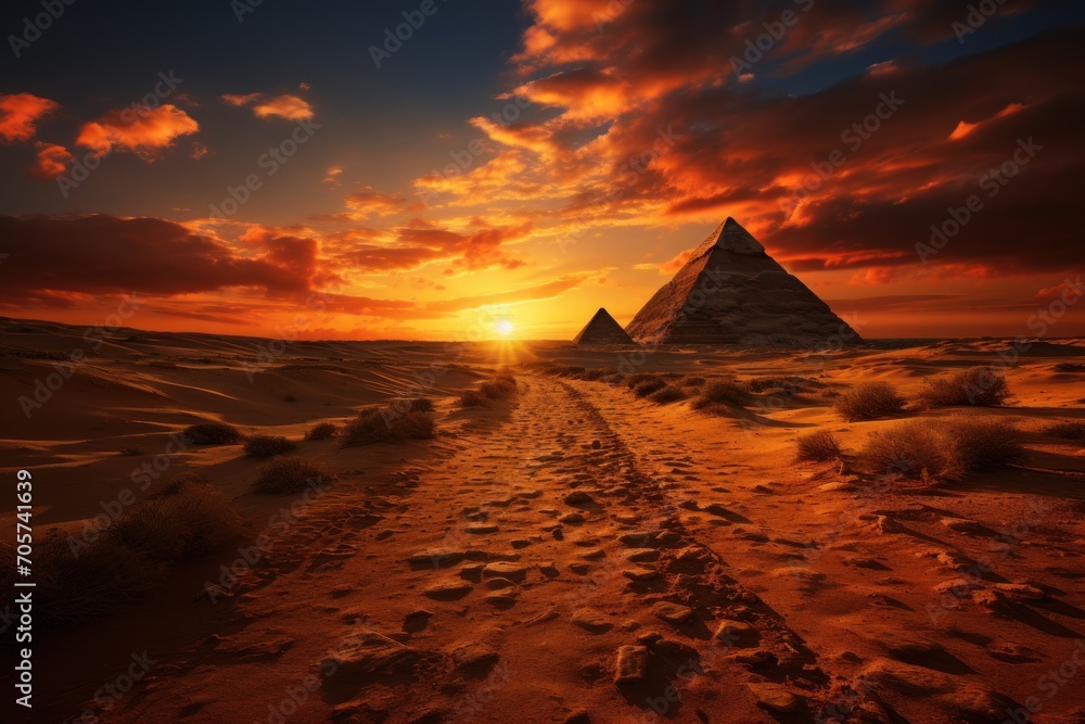 Poster the sun sets over the pyramids of giza and a path in the desert with footprints in the sand leading 