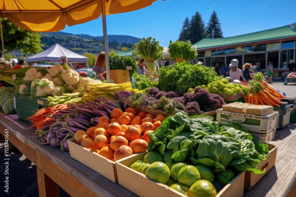 Aufkleber a table filled with lots of different types of fruits and veggies on top of a wooden table with a ye