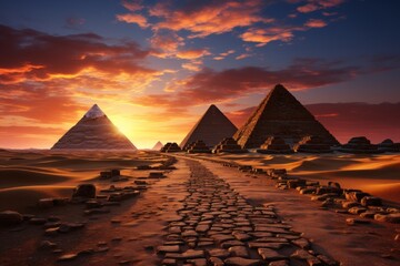  a painting of three pyramids in the desert with a sunset in the back ground and a path in the middle of the desert with rocks in the foreground.