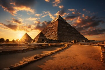  the pyramids of giza are silhouetted against the sun's setting over the pyramids of the egyptian city of giza, giza, giza, giza, giza, giza, giza, giza, giza, giza, giza. - obrazy, fototapety, plakaty