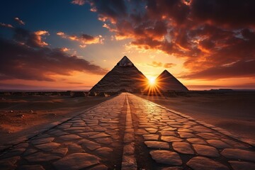  the sun rises over the pyramids of giza, egypt, as the sun rises over the pyramids of giza, egypt, as the sun rises over the pyramids of giza, giza, giza, giza, giza, giza, egypt,. - obrazy, fototapety, plakaty