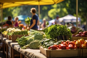  a table filled with lots of different types of fruits and vegetables next to a woman in a blue shirt standing behind a table full of fresh fruits and veggies.