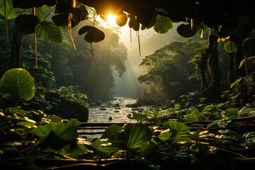  a river running through a lush green forest filled with lots of green leafy plants and a bright sun shining through the leaves of the trees overhanging area.