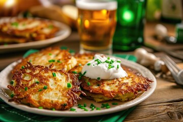 Traditional Irish hash browns stacked on top of each other in a St. Patrick's Day themed setting