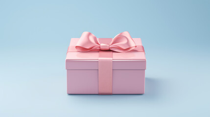 Pink gift box with pink bow isolated on blue background, New year and Valentine present promotion offer concept.