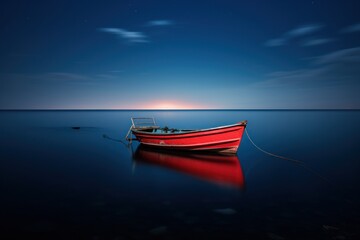  a red boat floating on top of a body of water under a blue sky with a star filled sky above it and a small boat in the middle of the water.