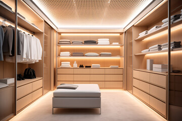 Modern luxury style warm wood walk in closet, minimal walk in wardrobe dressing room interior.