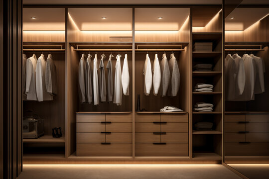 Modern luxury style warm wood walk in closet, minimal walk in wardrobe dressing room interior.