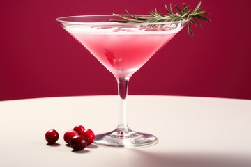  a pink drink with a sprig of rosemary garnish in a martini glass on a white table with cranberries and a red wall in the background.