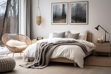 Stylish white and grey colour bedroom interior design scandinavian minimal style.