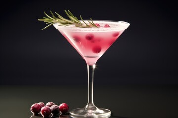  a cranberry martini garnished with a rosemary sprig and cranberries on a black table with a black background and a few more cranberries in the foreground.