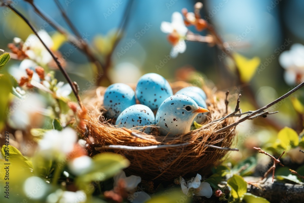 Poster a bird nest filled with blue eggs sitting on top of a tree branch with white and black speckles on i
