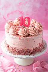 birthday cake with candles on top and number 10, blue background