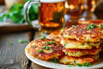 Traditional Irish hash browns stacked on top of each other in a St. Patrick's Day themed setting - obrazy, fototapety, plakaty