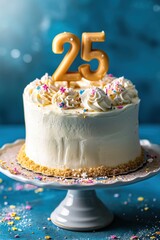 birthday cake with candles on top and number 25, blue background