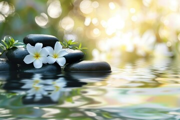 Relax background with flowers, water and black stone. copy space.