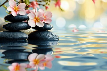 Relax background with flowers, water and black stone. copy space.