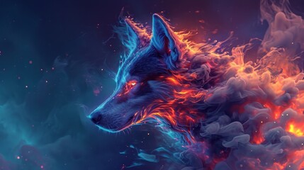 wolf howling at night, burning flame energy, power concept, Mysticism and power