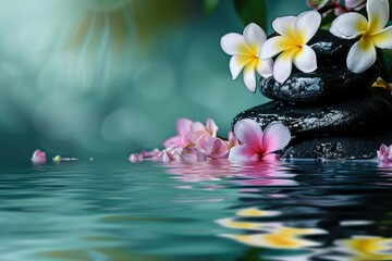 Massage stones and plumeria flower on river, spa background with copy space.