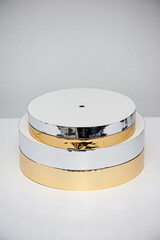 Round stand for a wedding cake. Decoration for pastry chefs