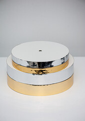 Round stand for a wedding cake. Decoration for pastry chefs