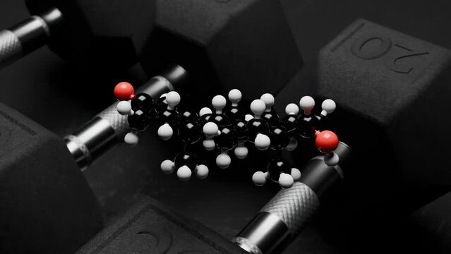 Low Testosterone in men,  3D molecule molecule spinning dumbbell background, Male hormone for muscle mass bodybuilding steroid cycle,