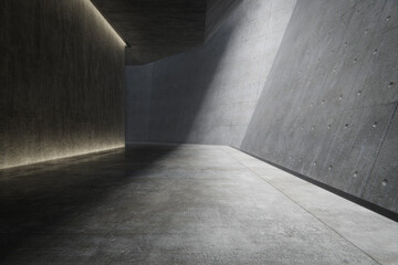 Empty underground concrete hall for parking. 3d rendering of abstract interior background.